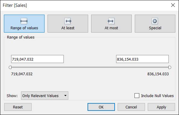 Cuadro Filter (Filtros) que muestra los criterios de filtros para las medidas