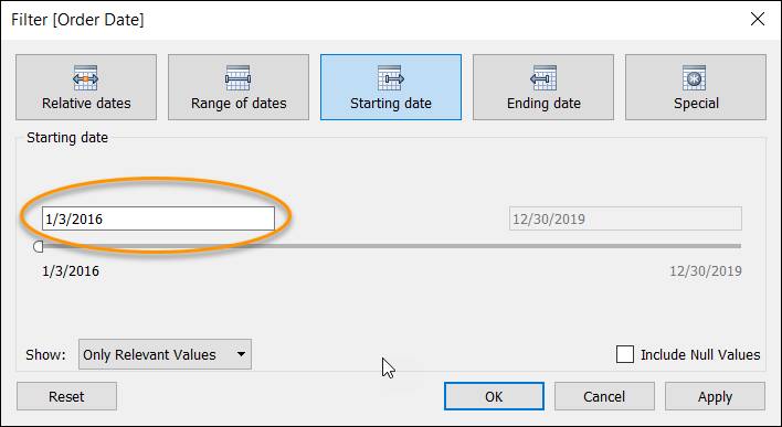 Cuadro de diálogo Filter (Filtros) que muestra el campo para especificar la fecha de inicio