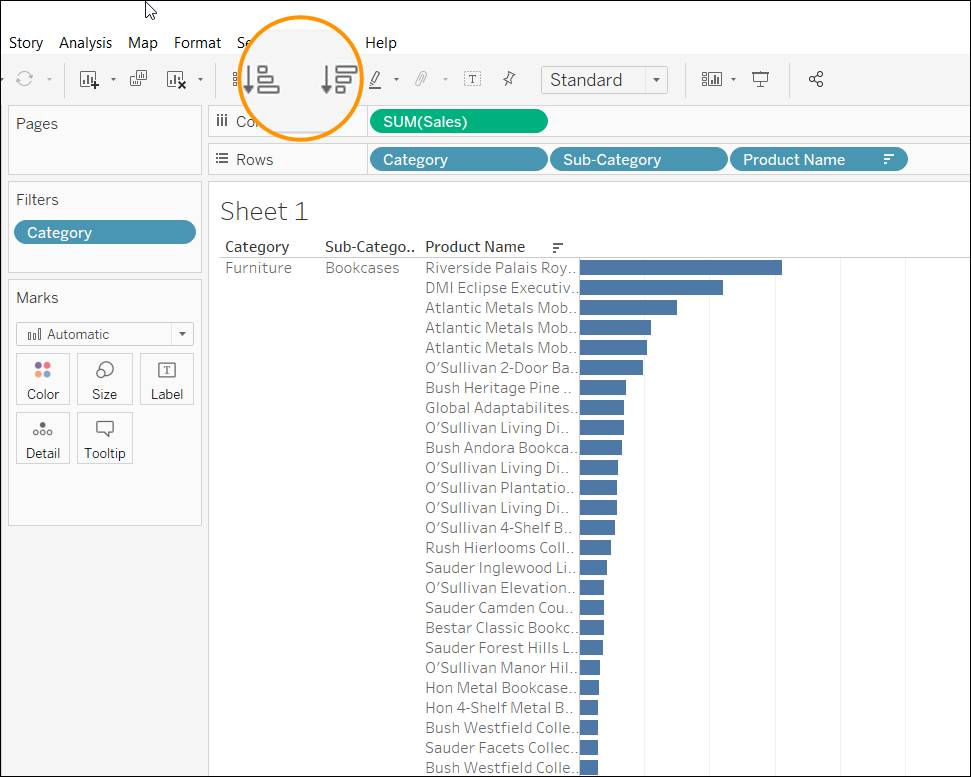 Ascending and Descending sort icons on the toolbar 