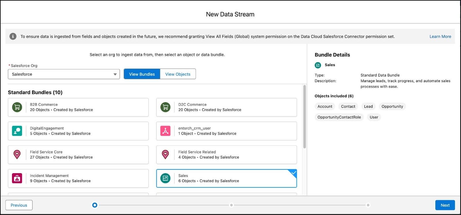 New Data Stream screen with the Sales Data Bundle selected.