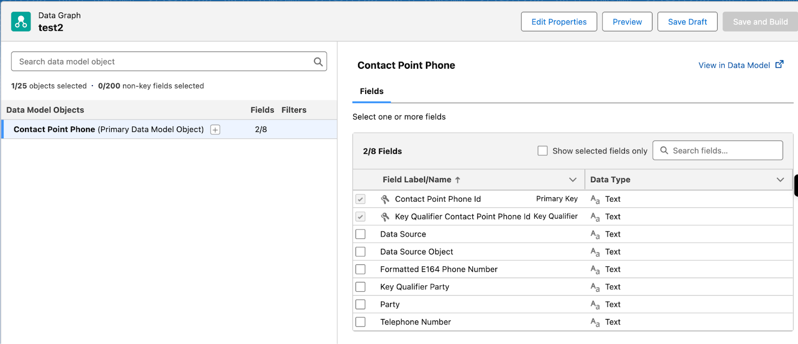 Data graph editor in Data 360 displaying objects, fields, and and their relationships.