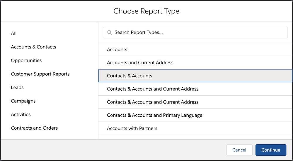 Standard report type Contacts & Accounts