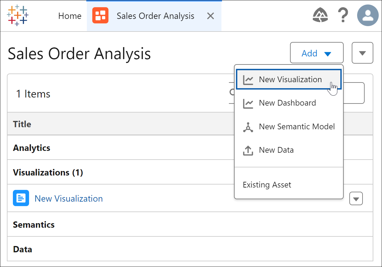 A Tableau Next workspace with the New Visualization option selected from the Add dropdown menu.