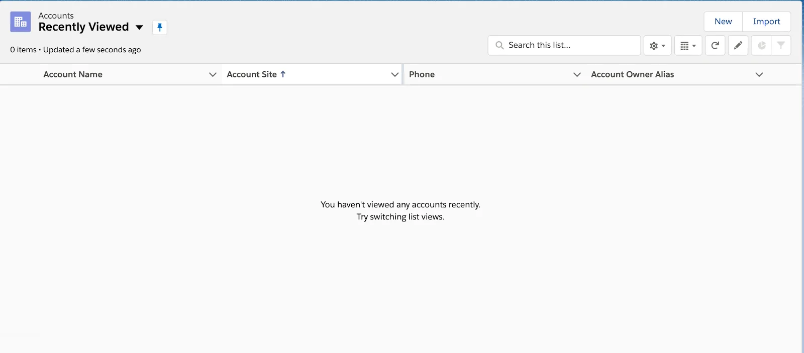 An empty Account list view in Salesforce