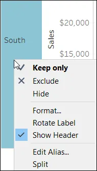 Context menu showing how to clear Show Header for Region