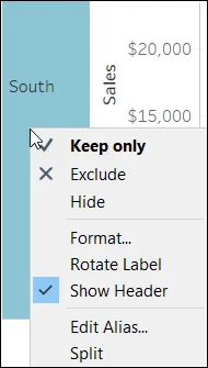 Menú contextual que muestra cómo eliminar Show Header (Mostrar encabezado) en Region (Región)