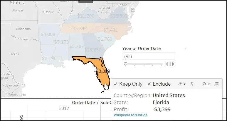 Zoomed in view of dashboard showing Florida selected, and the URL to its Wikipedia page now visible in the context menu