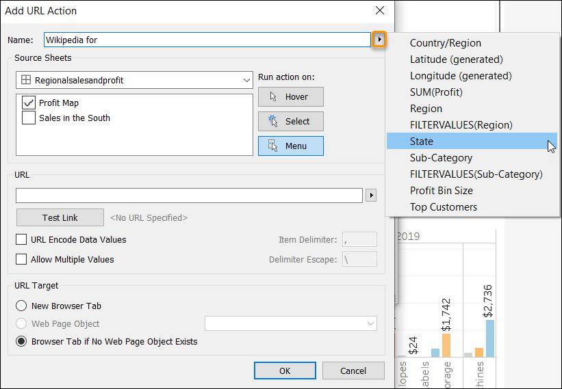 Cuadro de diálogo de la acción Edit URL Action (Modificar acción de URL) que muestra el menú desplegable del campo Name (Nombre)