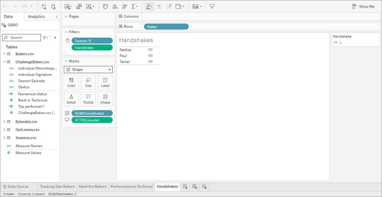 Handshakes tab open in a viz, with Nadya, Pal, and Tamal listed.