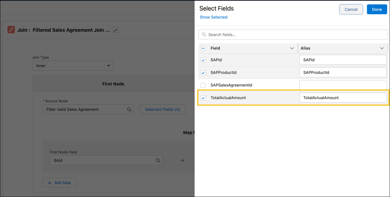 The TotalActualAmount field on the node Filtered Sales Agreement Join Sales Agreement Product Schedule