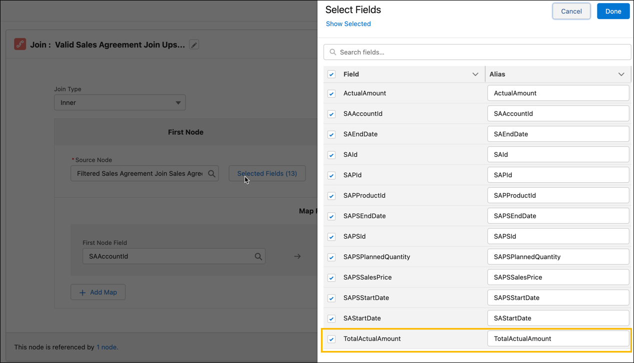 The TotalActualAmount field on the node Valid Sales Agreement Join Upserted Account Forecast Set Partner