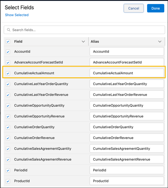 The CumulativeActualAmount field on the node Generated Account Forecast Facts Join Active Products