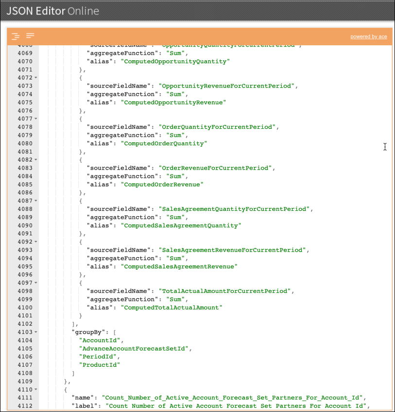 A JSON editor tool showing the JSON file of a DPE definition