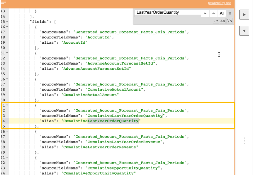 A JSON editor tool showing the LastYearOrderQuantity reference that must be deleted from a DPE definition