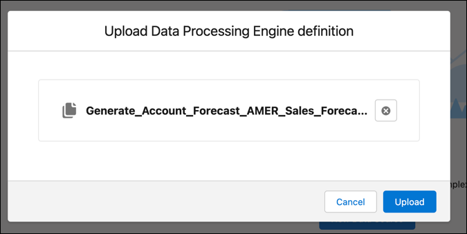  The Upload Data Processing Engine definition window in the Data Processing Engine builder