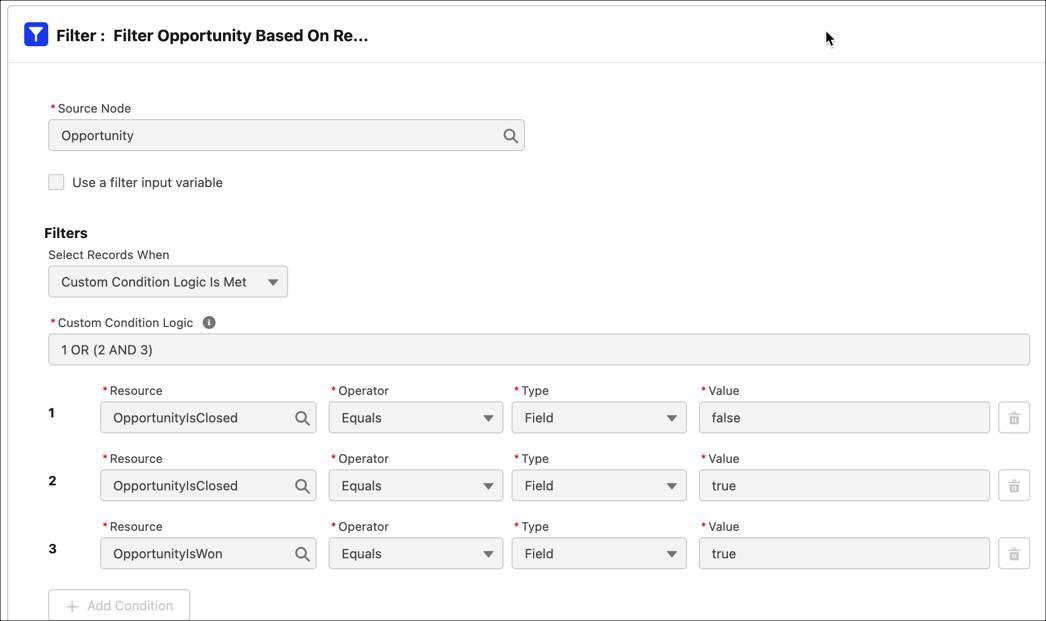 The filter criteria for opportunities in a predefined DPE definition