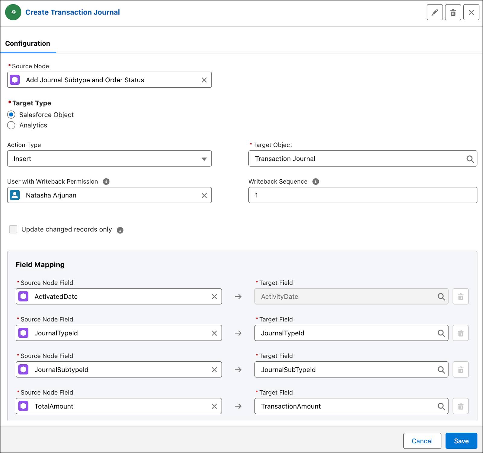 The writeback object node for creating transaction journals.