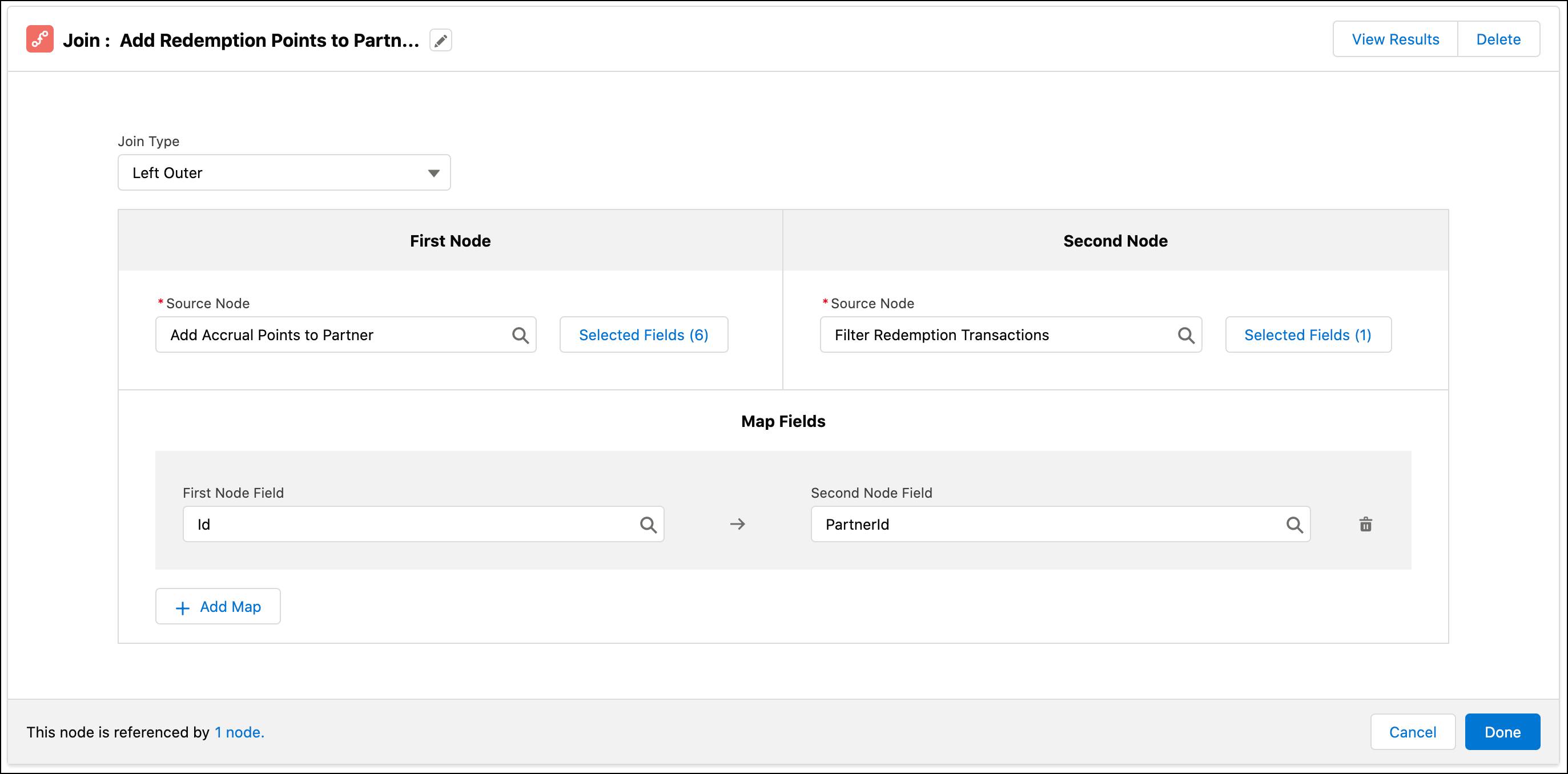 The Join window where you add filtered redemption points to the partner’s accrual transactions.