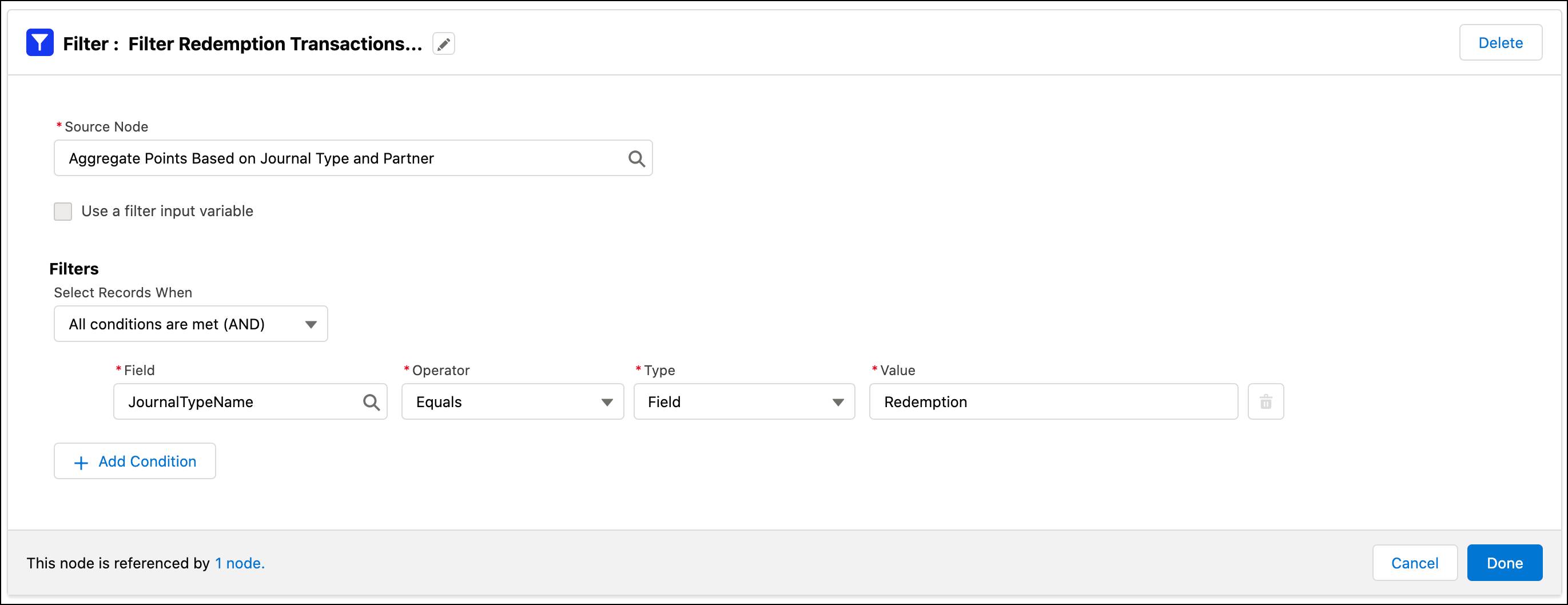 The Filter window where you define the conditions to filter the grouped and aggregated data by redemption journals.