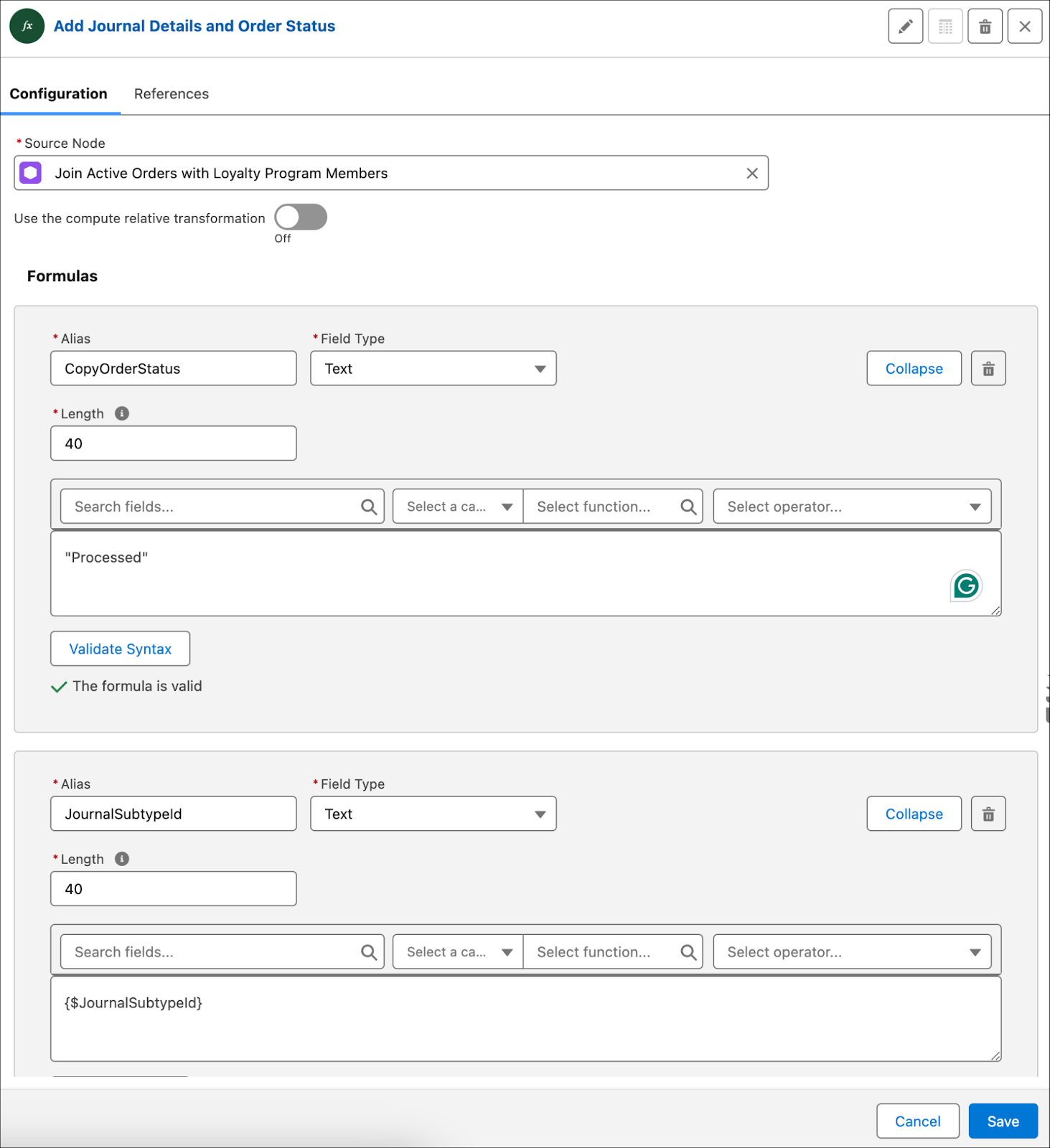 The formula node where you define the formulas to add journal details and order status.
