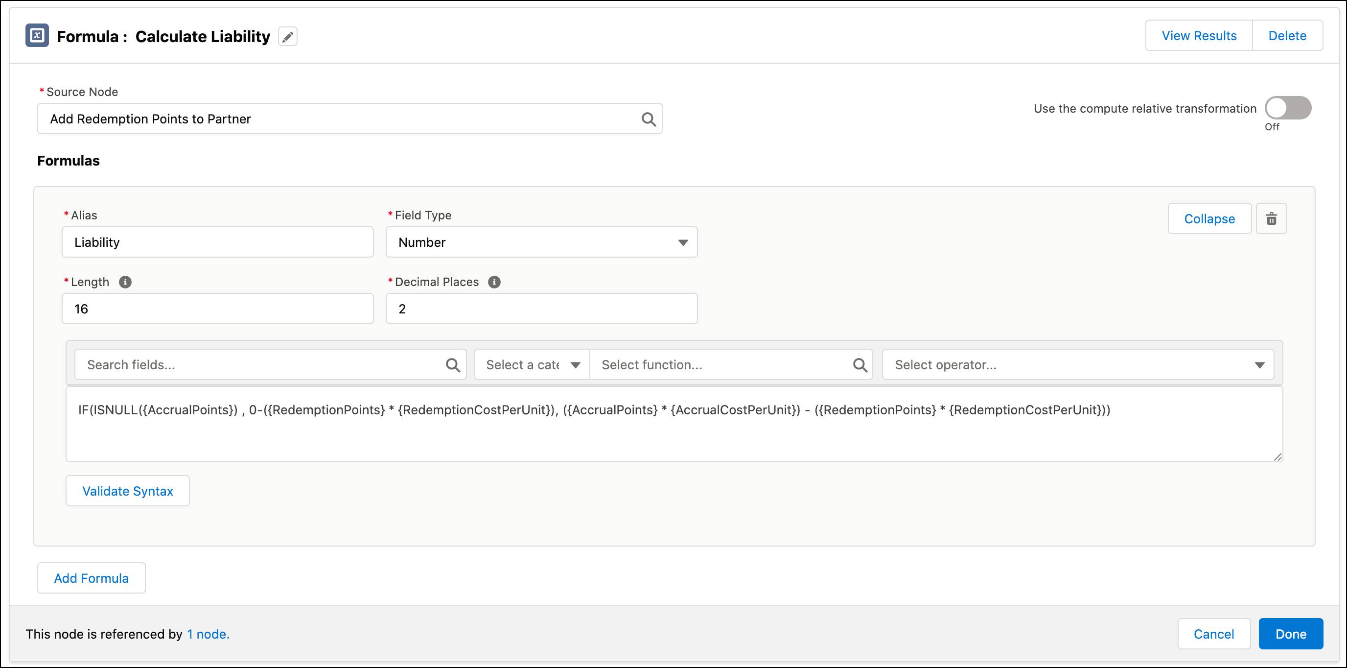 The Formula window where you define the formula to calculate the liability.