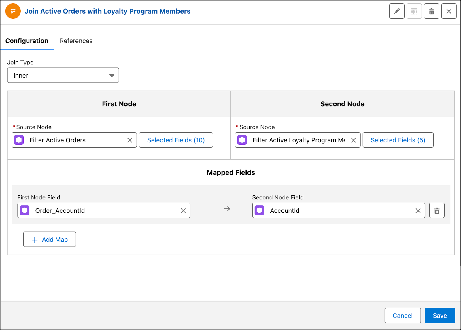 The join node to join the active orders with program members.