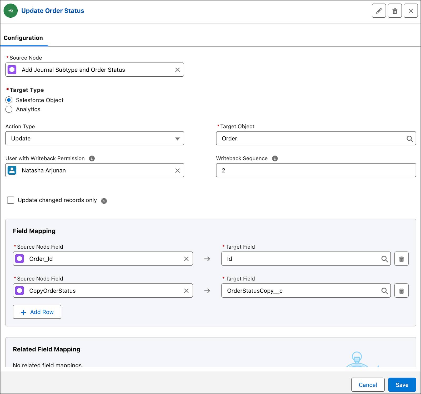 The writeback object node for updating the order status.