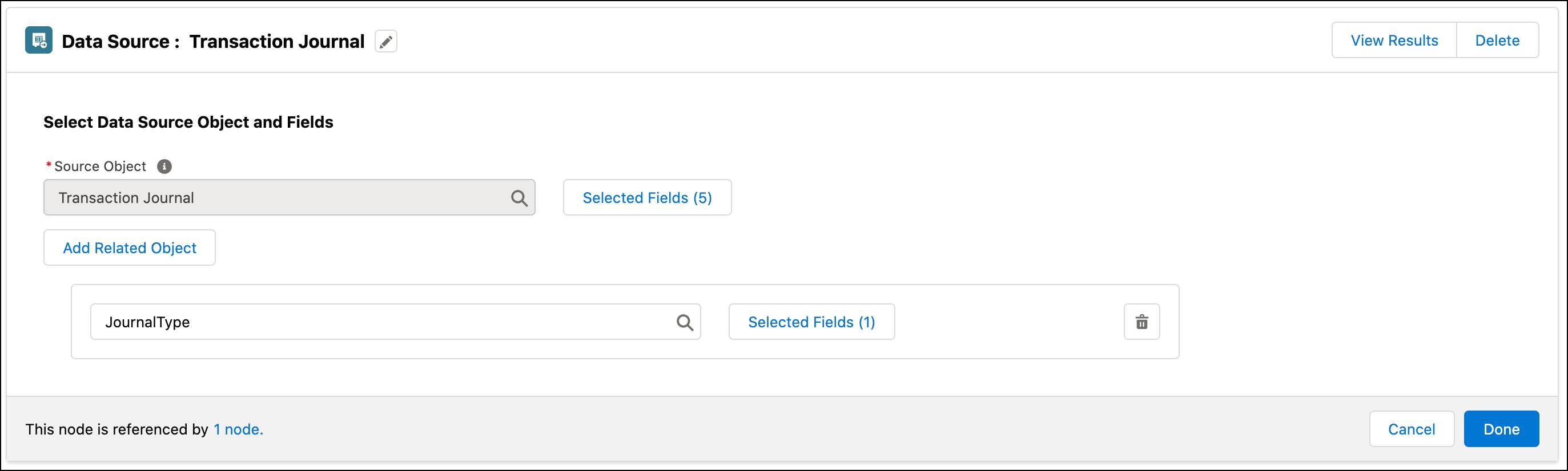 The Data Source window where you can select the fields for data related to Transaction Journals.