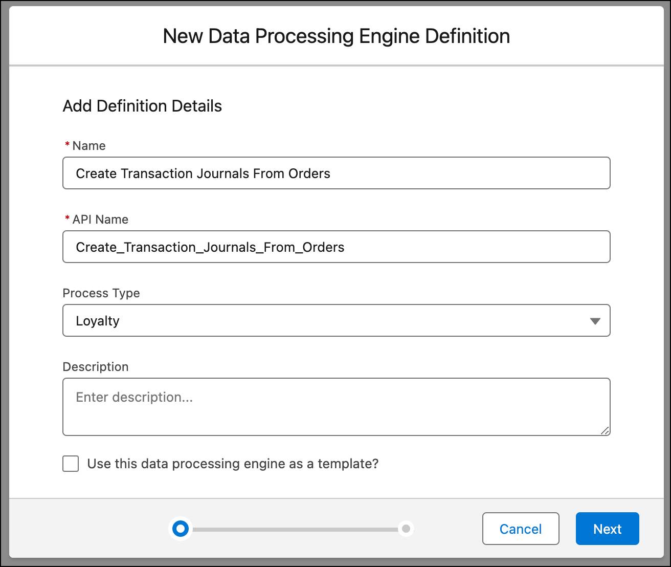 The New Data Processing Engine Definition window where you enter the definition details.
