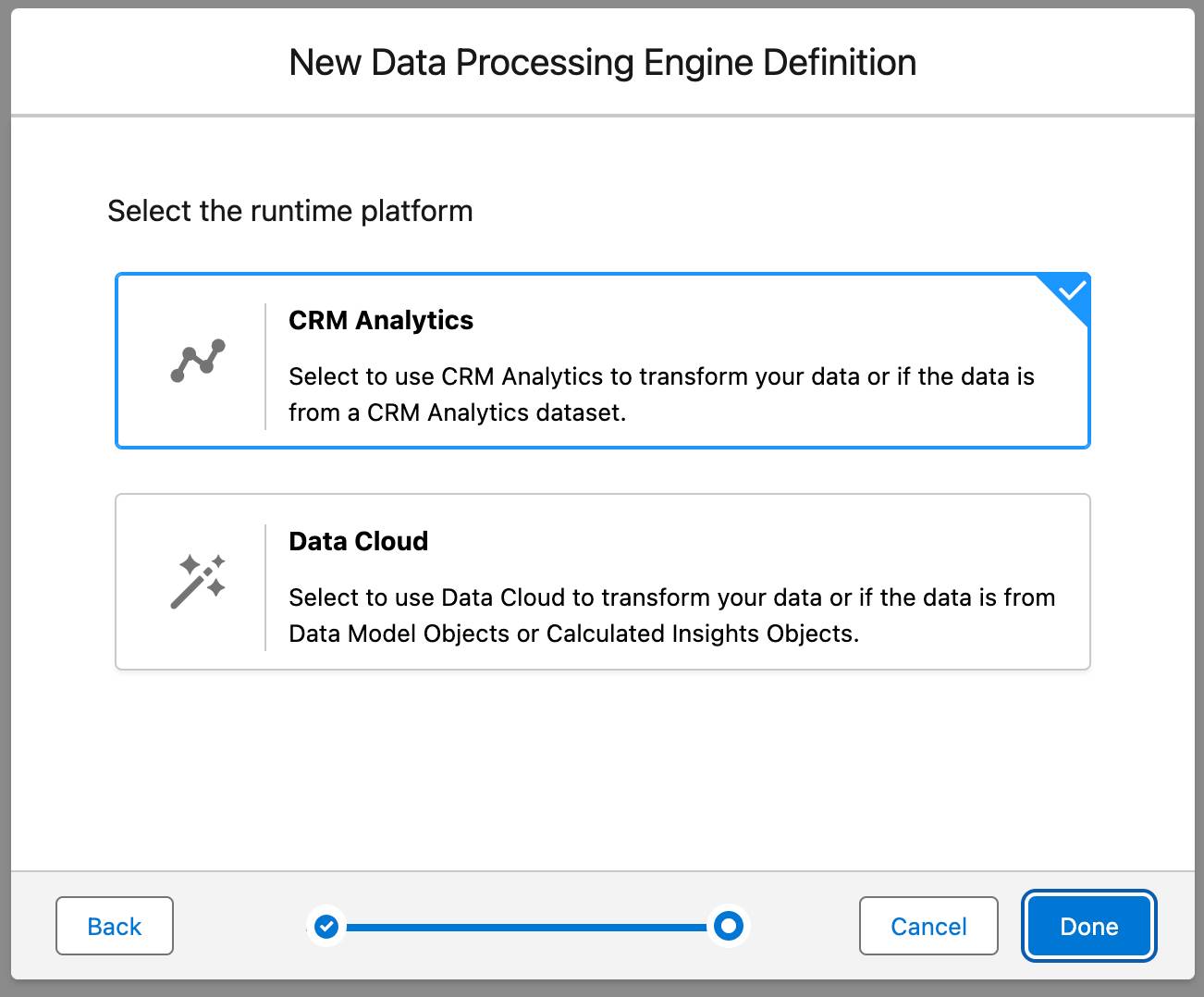 The New Data Processing Engine Definition window where you select the runtime platform.