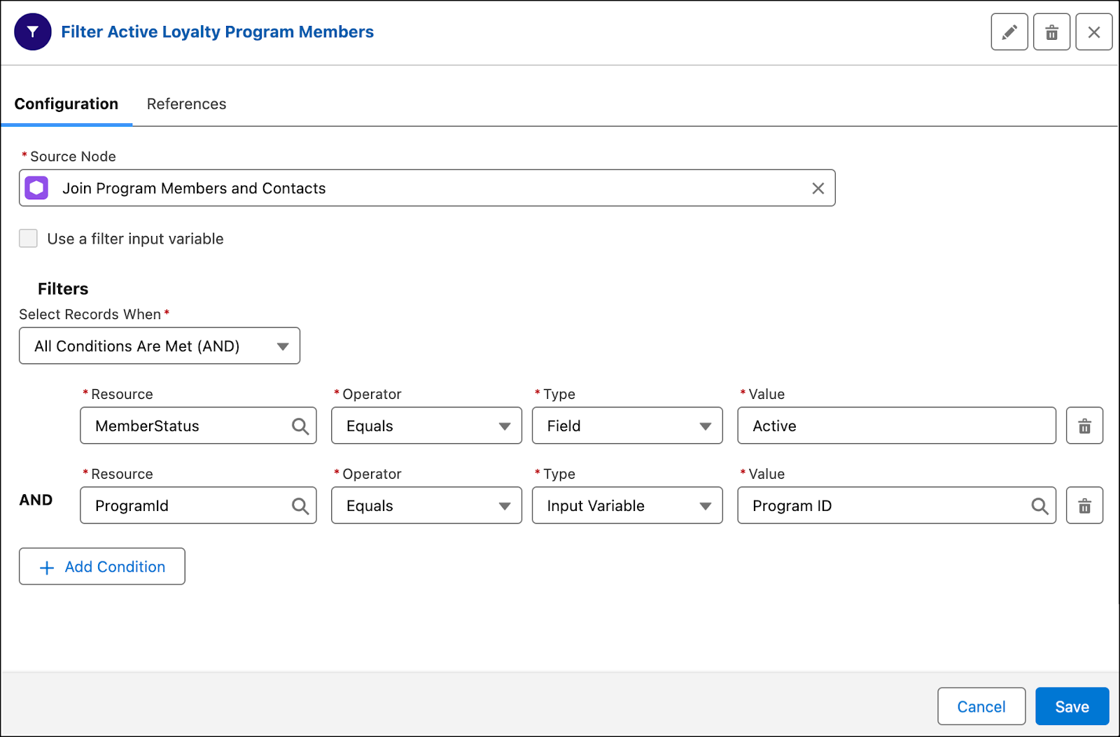 The filter node to filter active program members.