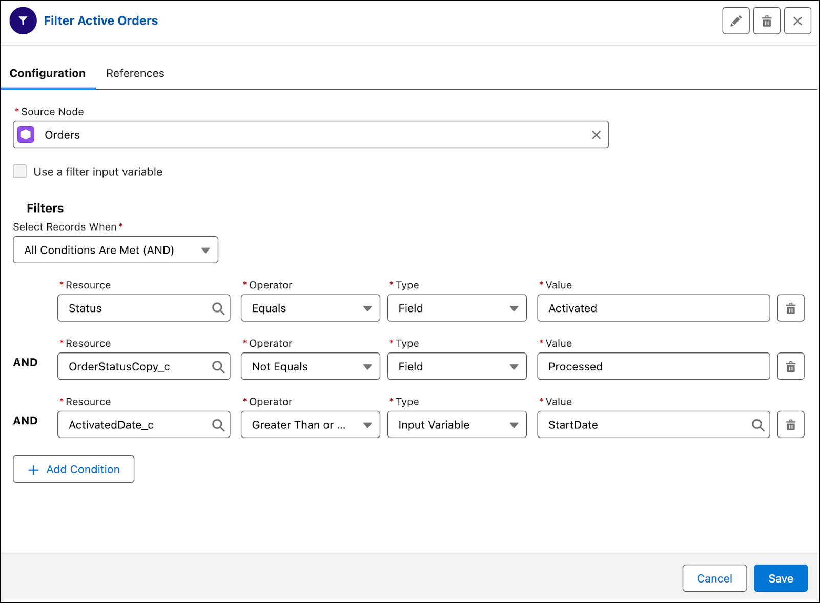 The filter node to filter active orders.