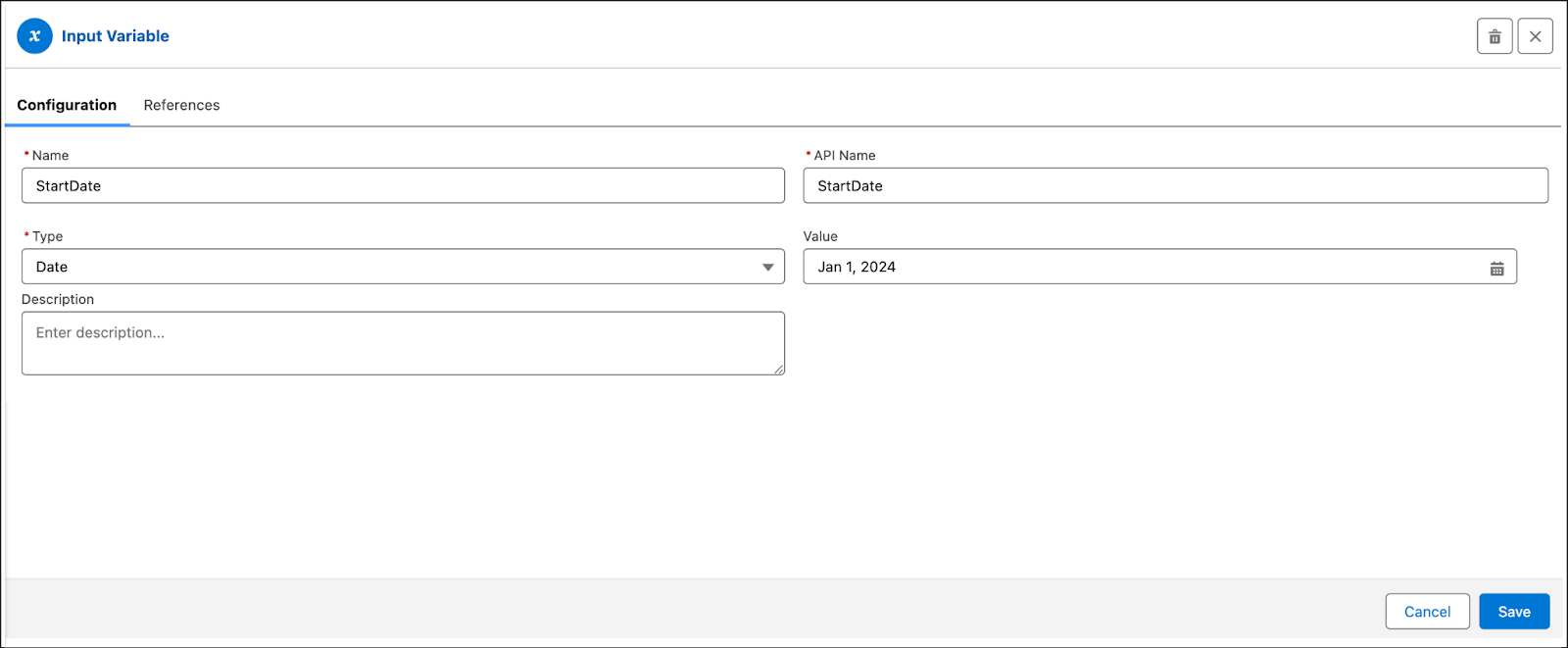 The Input Variable window where you configure variables to use in the definition.