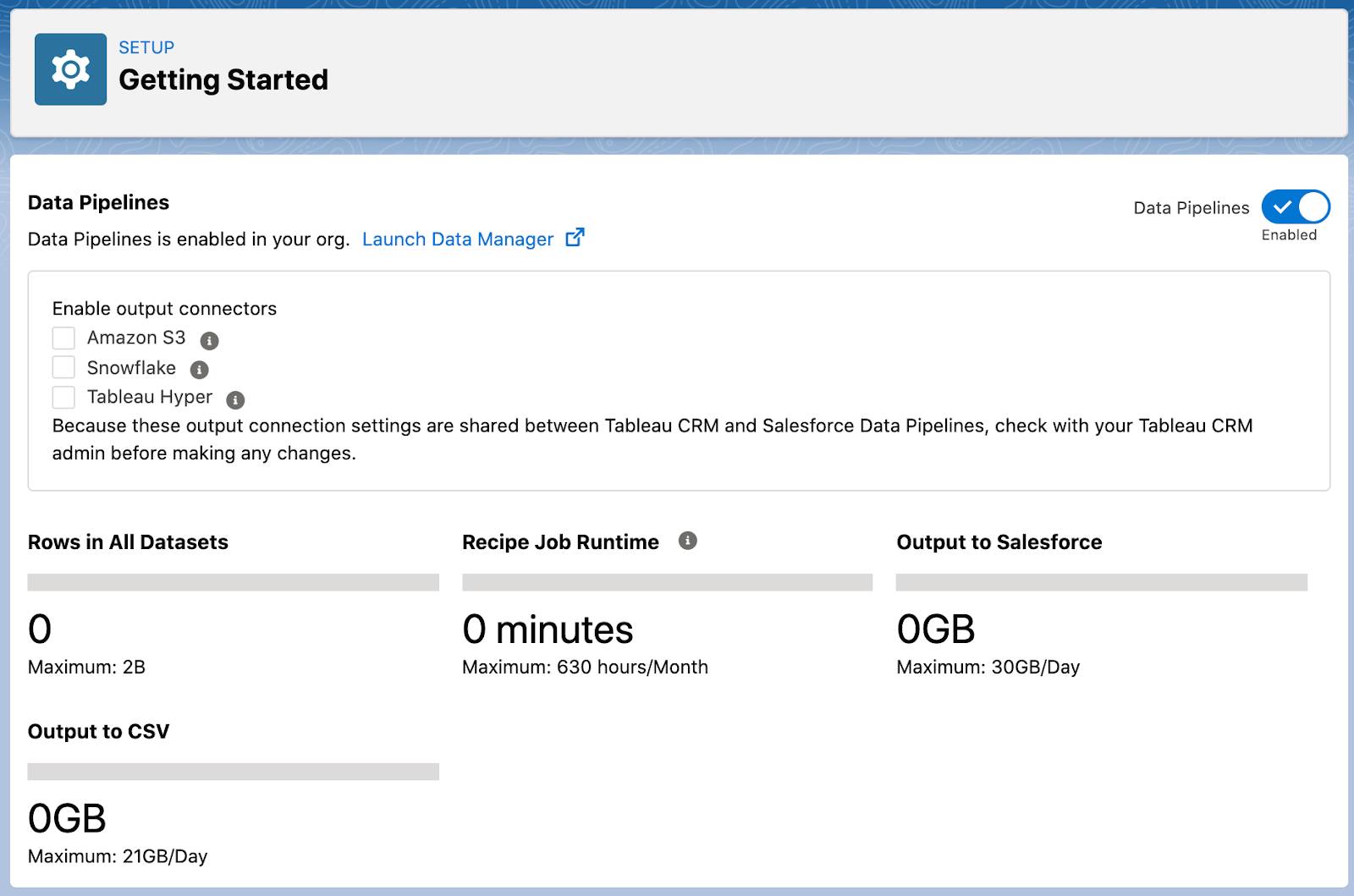 The Getting Started page in Setup where you can enable Data Pipelines.