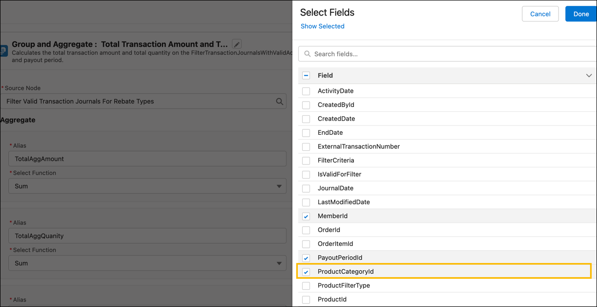 The list of selected fields for the Total Transaction Amount and Total Quantity group and aggregate node, with Product Category ID highlighted.