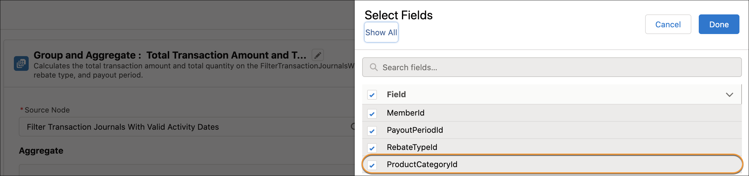 The list of selected fields for the Total Transaction Amount and Total Quantity group and aggregate node, with Product Category ID highlighted.