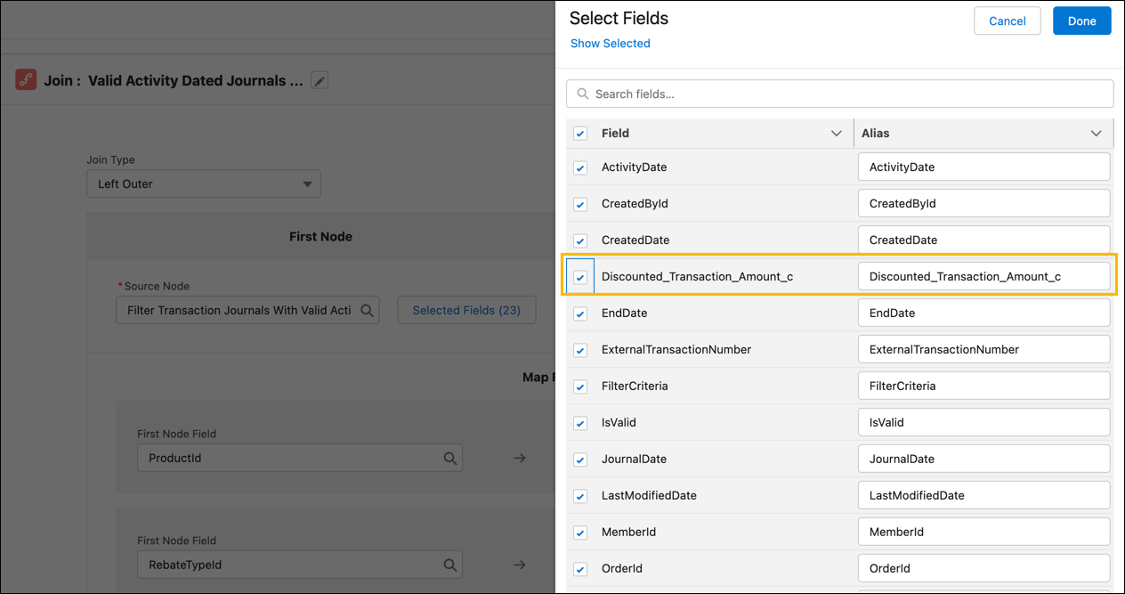 The list of selected fields for the Valid Activity Dated Journals with Program Rebate Type Product join node, with Discounted_Transaction_Amount_c highlighted.