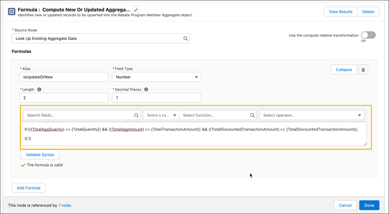 The Formula Builder in the Compute New Or Updated Aggregate Records formula node.