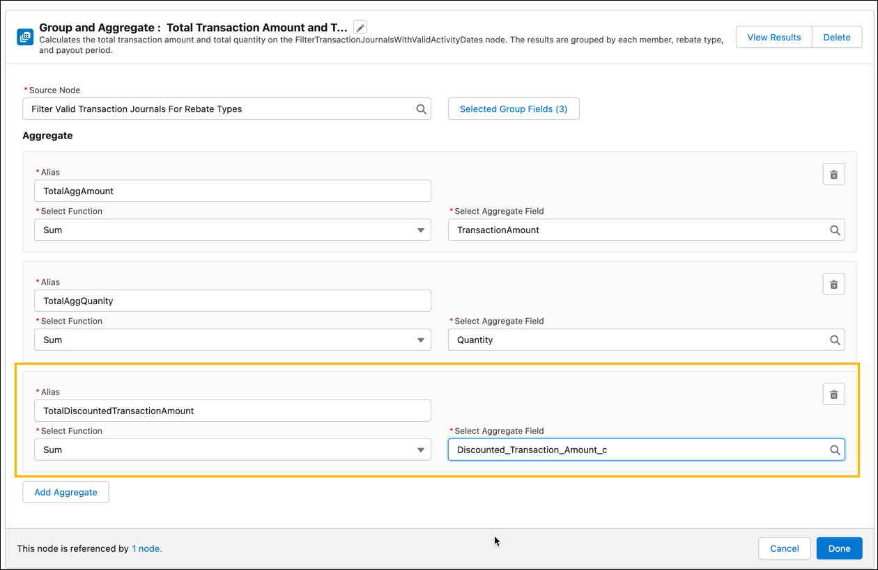 The Group and Aggregate node window where the admin can add an aggregate row for a specific field.