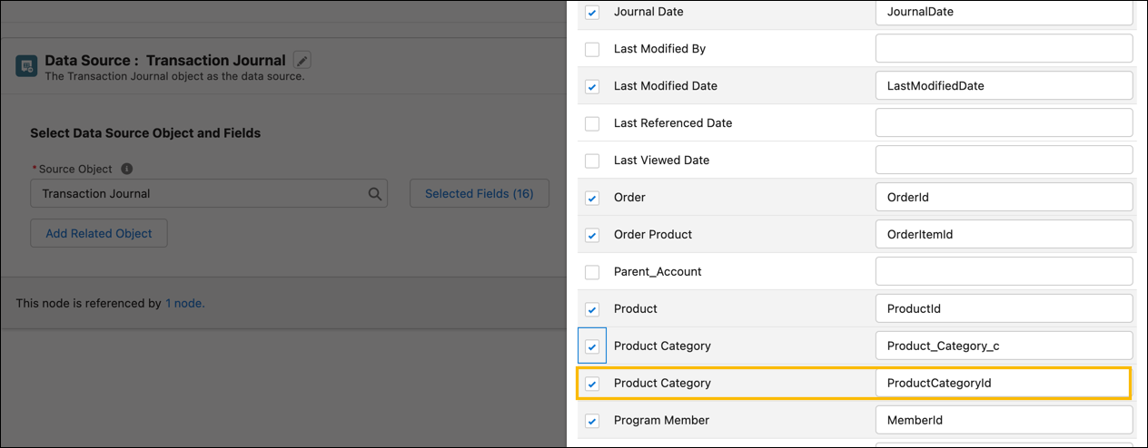 The list of selected fields for the Transaction Journal data source node, with Product Category ID highlighted.