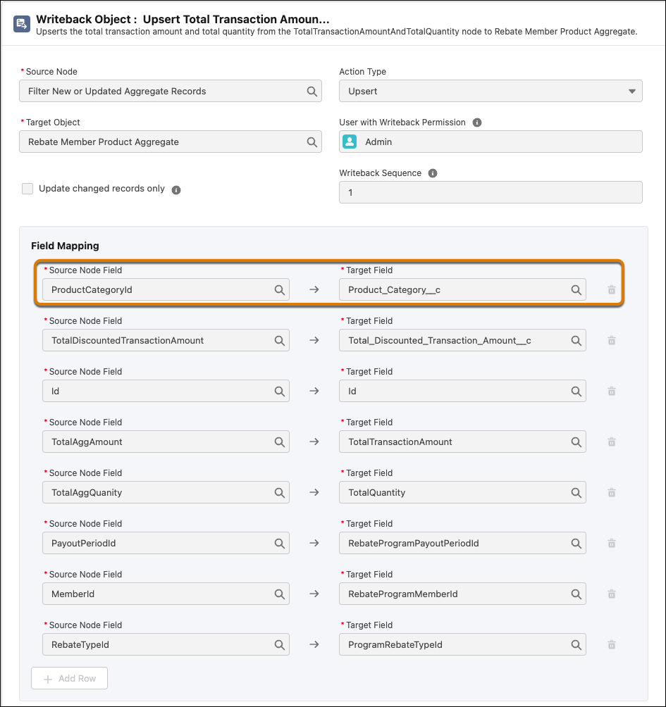 The mapping of source and target object fields in the Upsert Total Transaction Amount and Total Quantity writeback node.