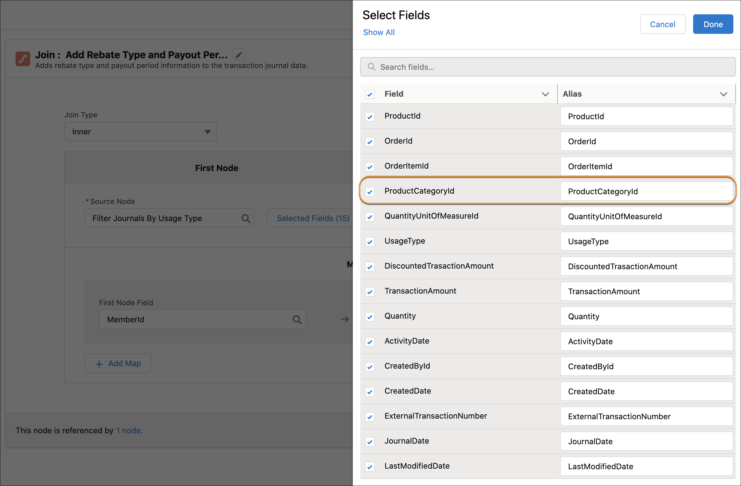 The list of selected fields for the Add Rebate Type and Payout Period to Transaction Journals join node, with Product Category ID highlighted.