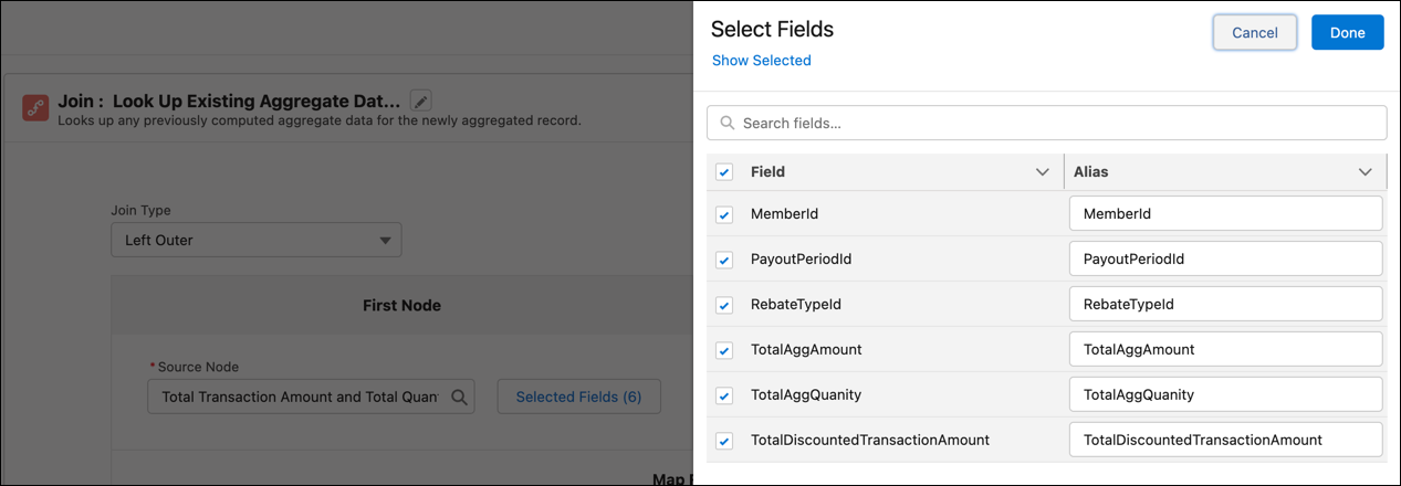 The list of selected fields for the Look Up Existing Aggregate Data join node, with Total Discounted Transaction Amount highlighted.