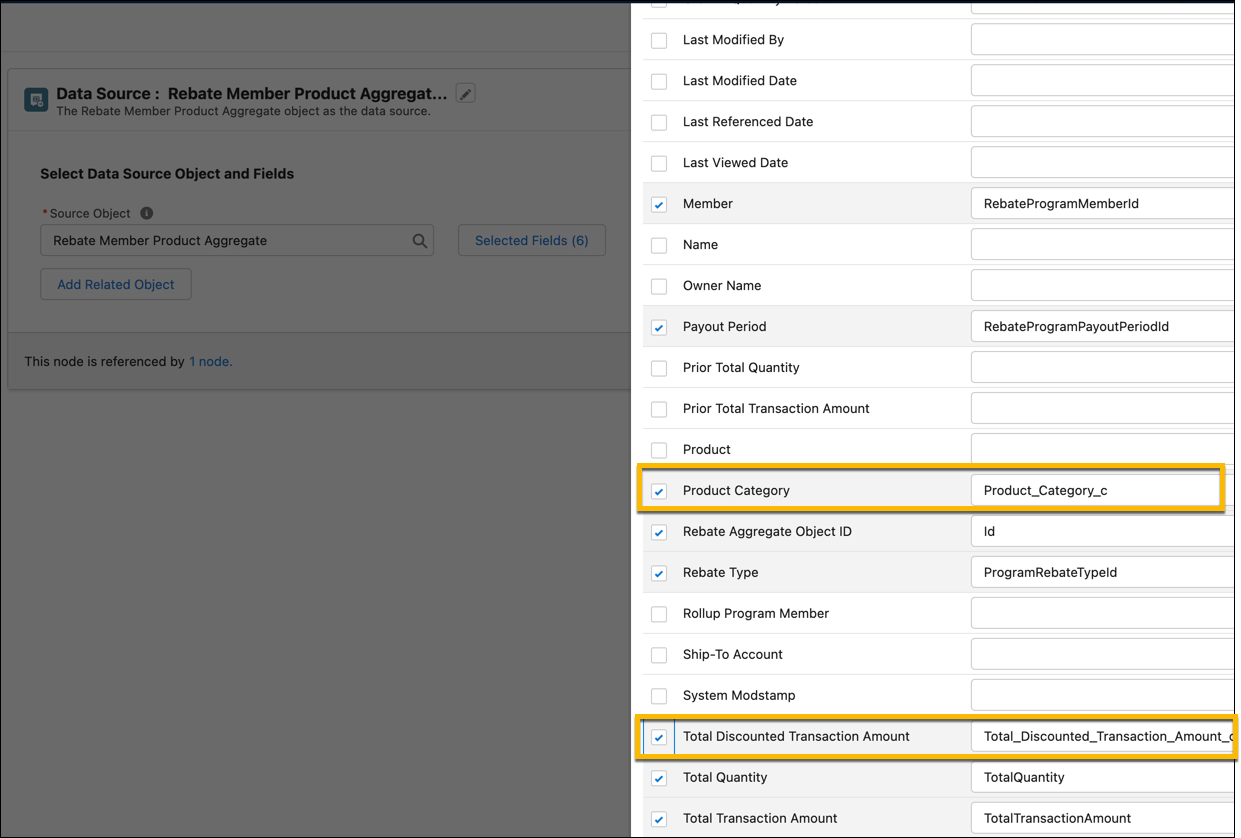 The list of selected fields for the Rebate Member Product Aggregate data source node, with Discounted Transaction Amount and Product Category highlighted.