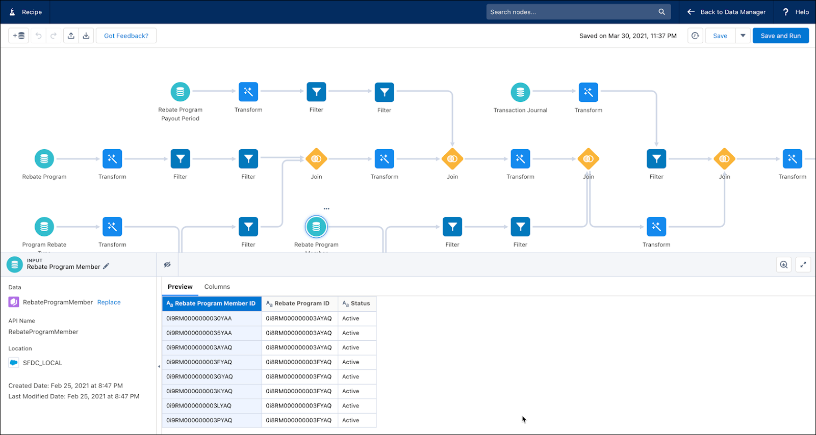 The Recipe page in Data Manager that shows the data processing engine definition.