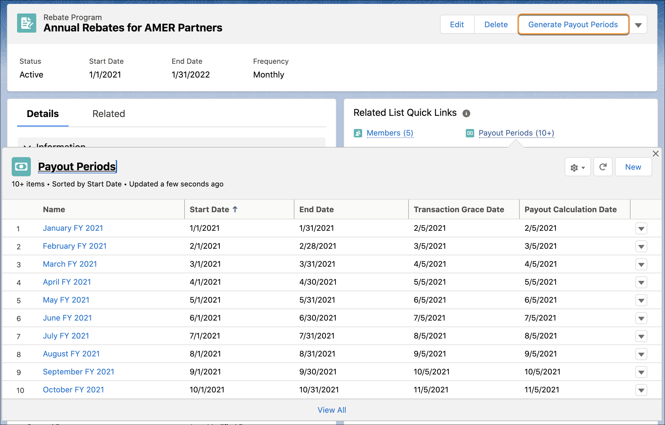 The Generate Payout Periods action on a rebate program record page that allows you to automatically generate payout periods based on the program duration and frequency.