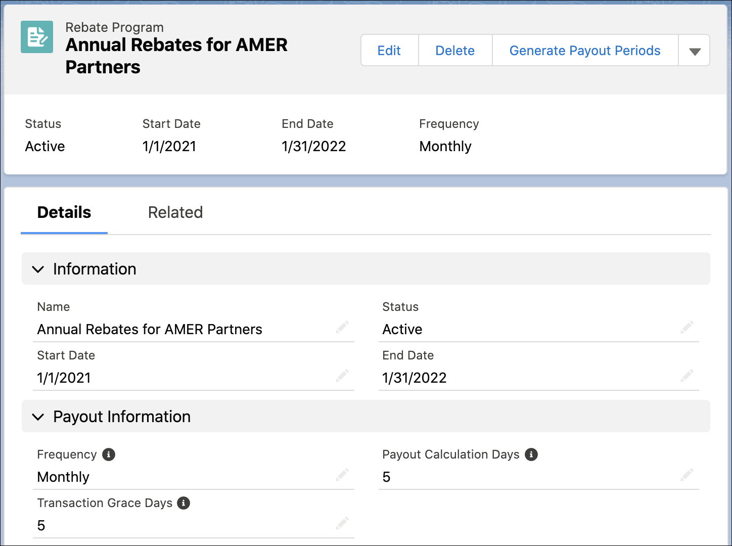 The record page of rebate program Annual Rebates for AMER Partners.