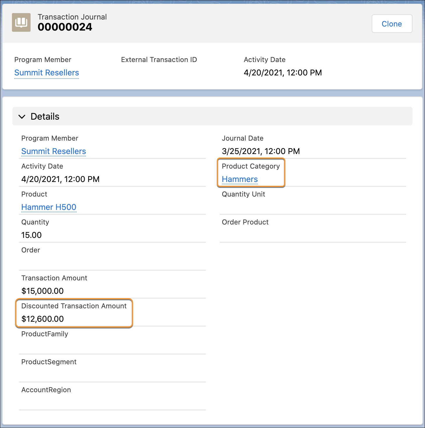 The custom fields Product Category and Discounted Transaction Amount on the Transaction Journal object.