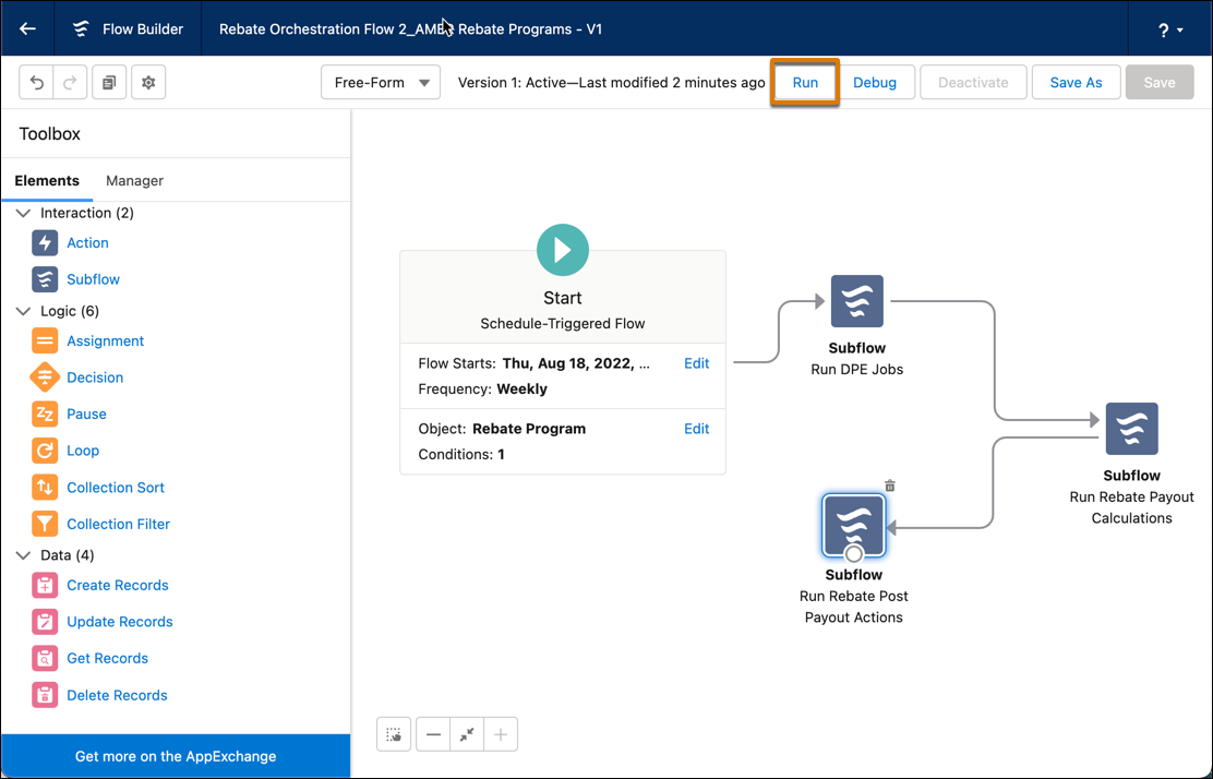 The Run action in flow builder that the admin clicks to run the active Rebate Orchestration Flow.