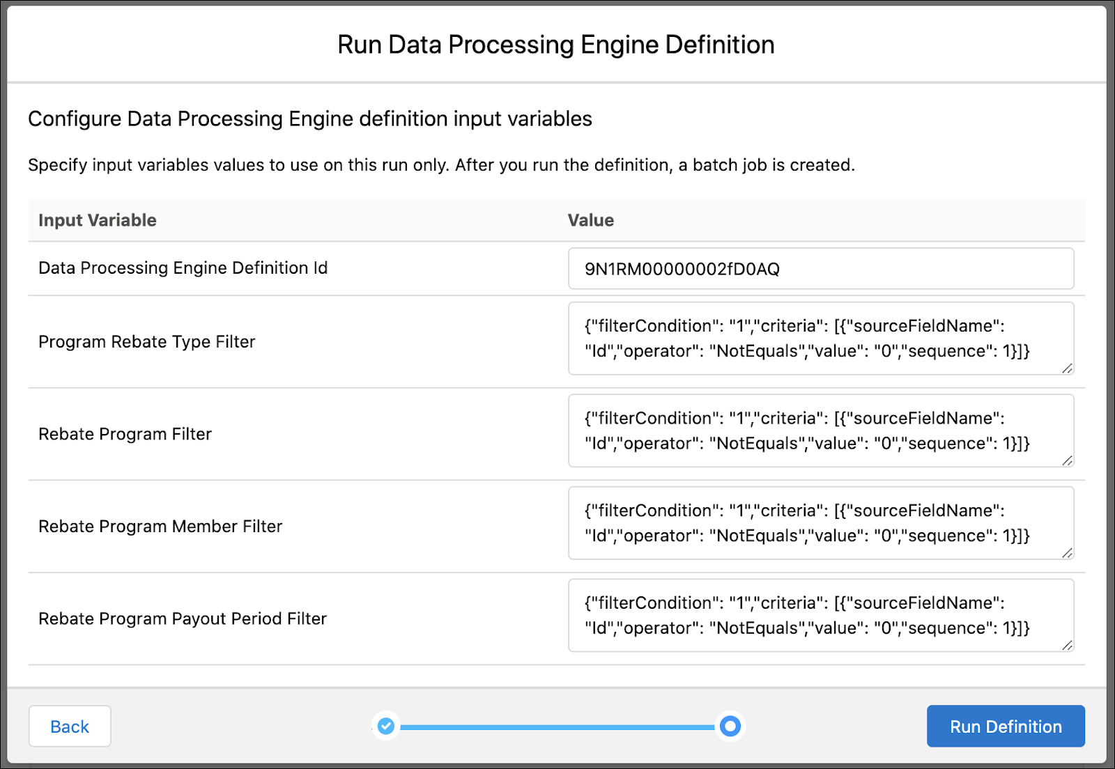 The Run Data Processing Engine Definition window where the user can specify input variable values to run a specific definition.
